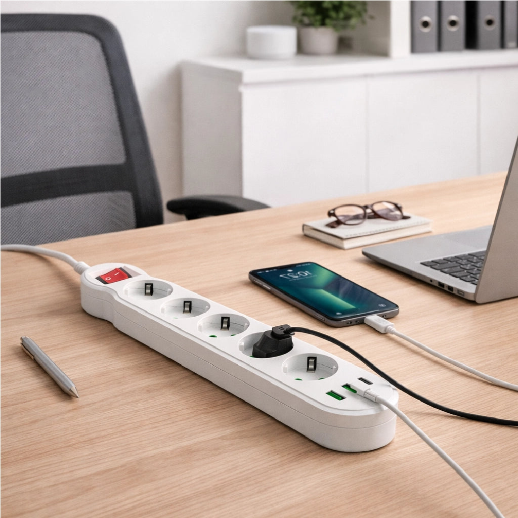 Ciabatta Multifunzione 5 Prese Schuko 3 USB 2500W con Interruttore Protezione IPX0