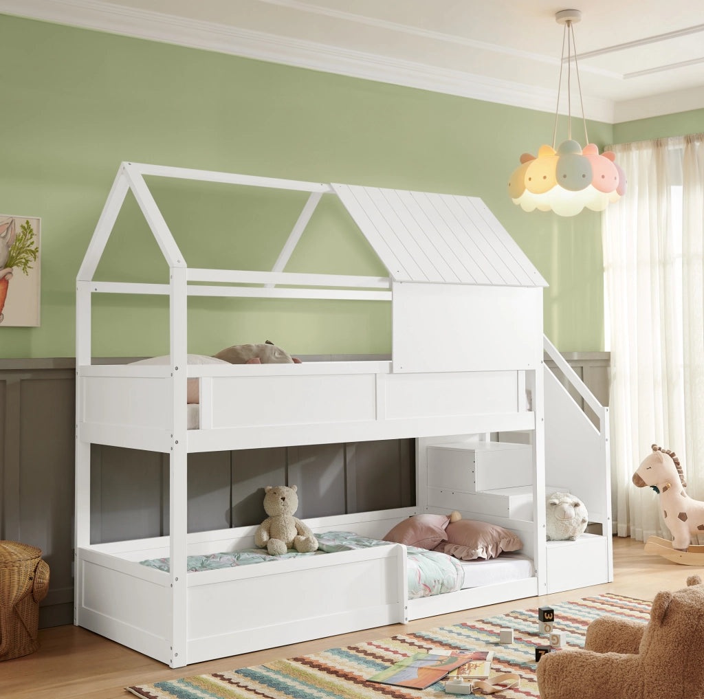 Letto a castello in legno massello con scala laterale e design con tetto; bianco
