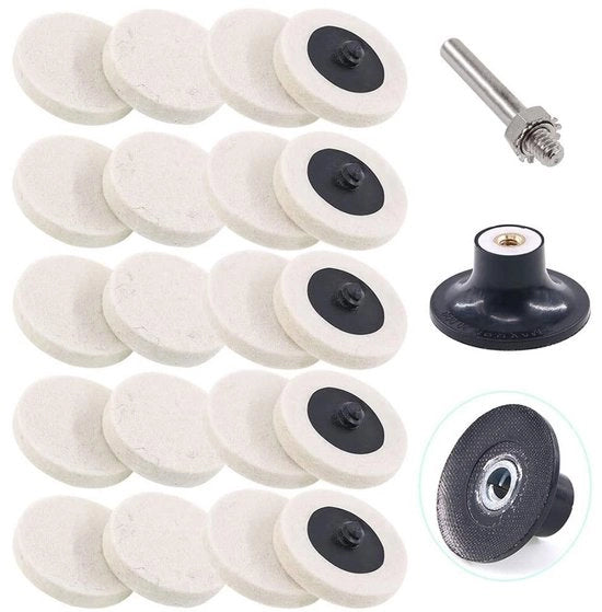 Set di dischi abrasivi 21 pezzi - Tessuto di lana compresso - Ongiunto con supporto per disco - 6,4 mm diametro - Adatto per diversi materiali - Velocità massima 30000 giri al minuto - Dischi abrasivi