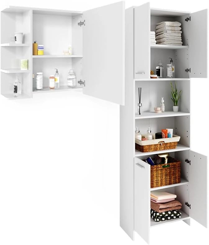 Set di mobili da bagno Maris, Bianco, 2 pezzi, con colonna e mobile a specchio per bagno, composto da armadio alto e armadietto a specchio