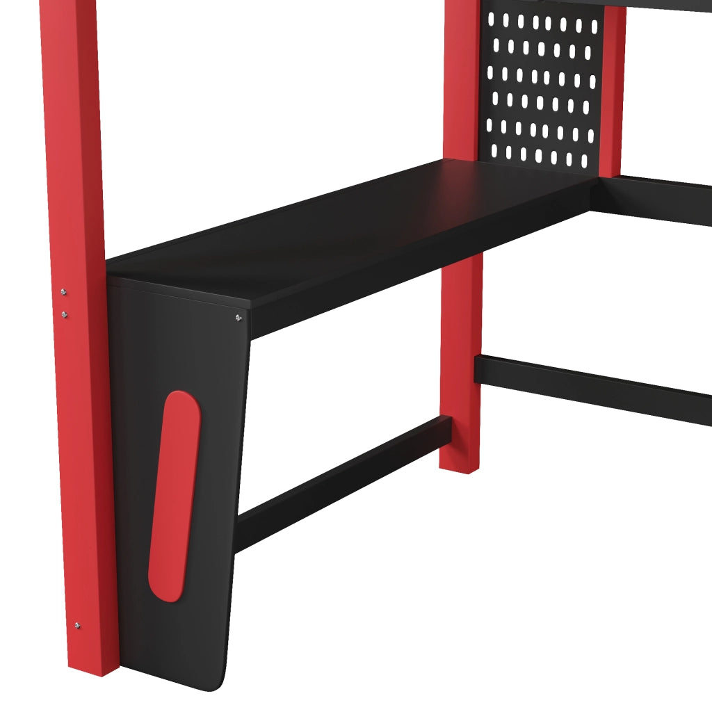 Letto a soppalco per bambini 140x200 cm, letto rialzato con scrivania integrata, pannello forato, illuminazione LED, pino, nero