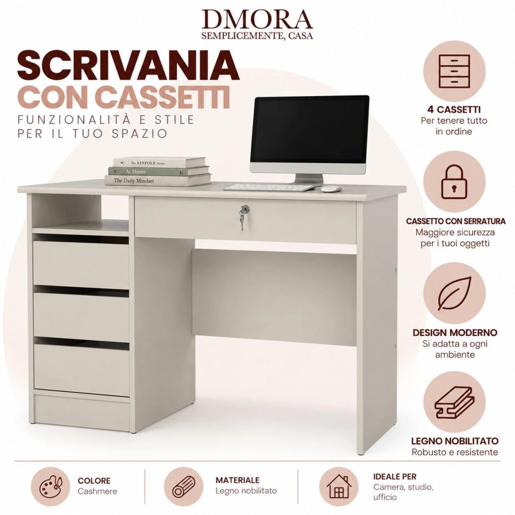 Franklin, Scrivania un Ripiano, 109x49x76h cm Beige Cashmere