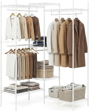 Stand Appendiabiti, Mobile Convertibile per Abiti con Installazione a L e Orizzontale, Appendiabiti con 7 Ripiani Regolabili in Filo Metallico e 4 Bastoni Appendiabiti, Portata 530 kg (Bianco)