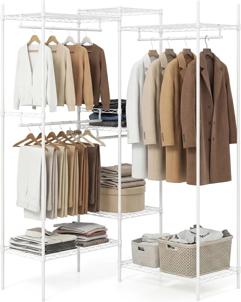 Stand Appendiabiti, Mobile Convertibile per Abiti con Installazione a L e Orizzontale, Appendiabiti con 7 Ripiani Regolabili in Filo Metallico e 4 Bastoni Appendiabiti, Portata 530 kg (Bianco)