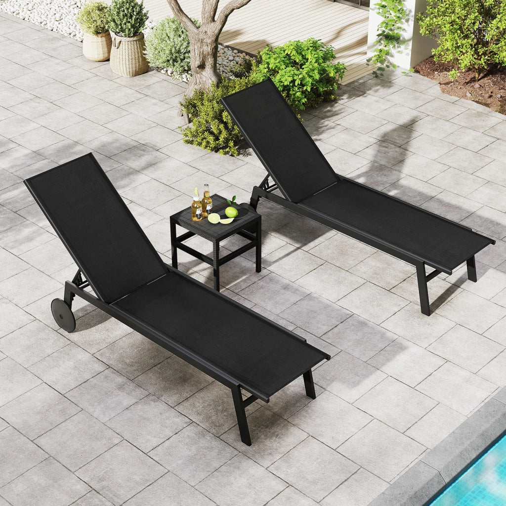 Sdraio patio ruote poltrona reclinabile 6 posizioni schienale regolabile-Sdraio tessuto traspirante prendisole piscina terrazza giardino Nero