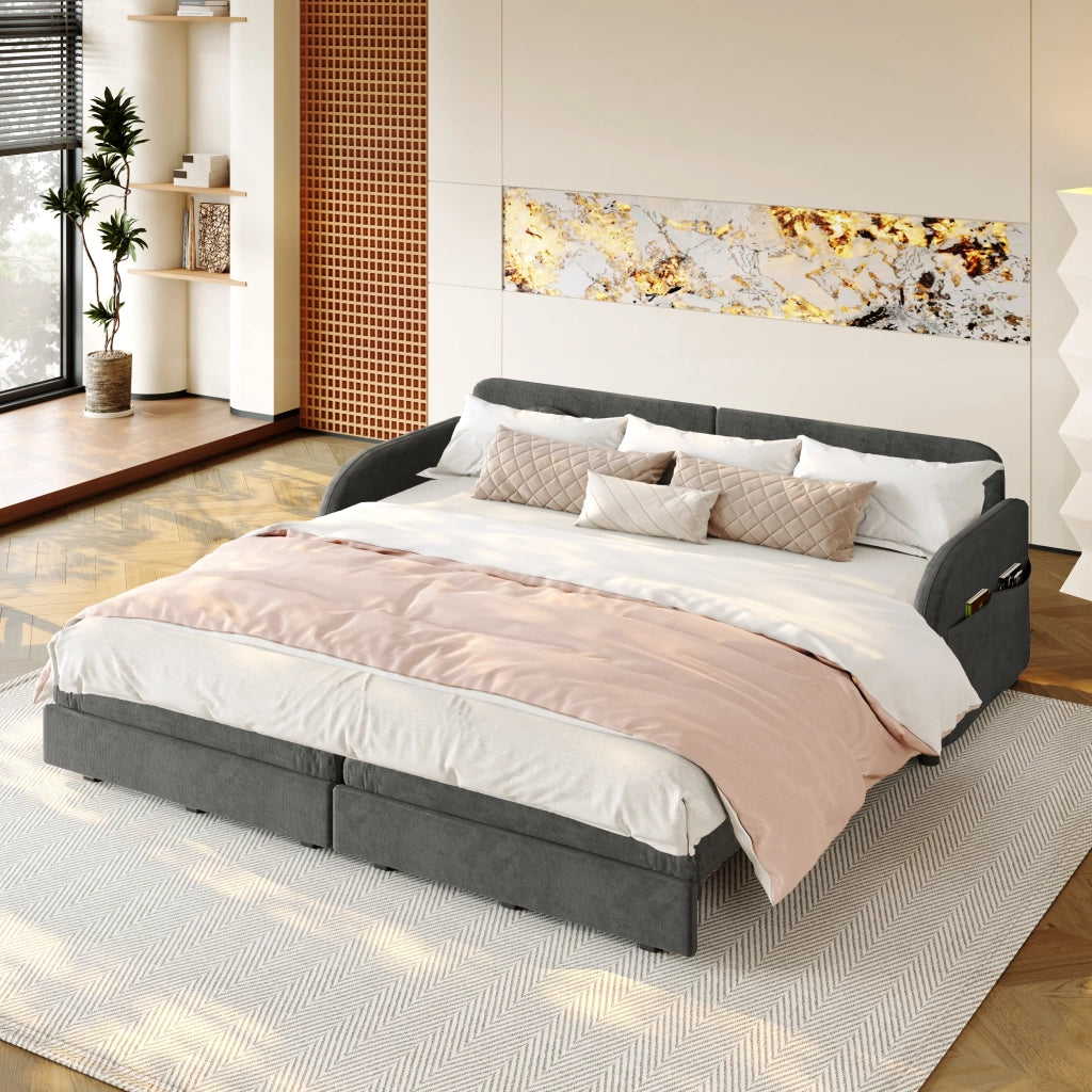 Divano letto 3 posti estraibile King-Size 206 cm, chenille grigio, funzione sonno 3-in-1, cuscini sfoderabili e tasche portaoggetti laterali