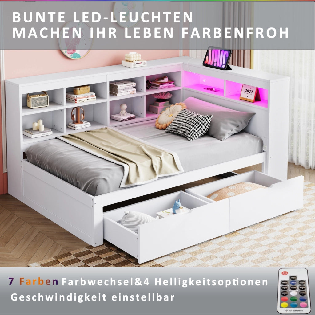 Divano letto 90x200 cm con USB; LED e vani contenitore; bianco