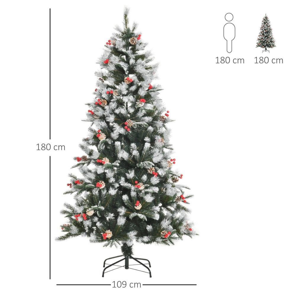 EasyComfort Albero di Natale Innevato 180cm con Bacche Rosse e Pigne Bianche, Base Rimovibile Pieghevole, 678 Rami, Verde