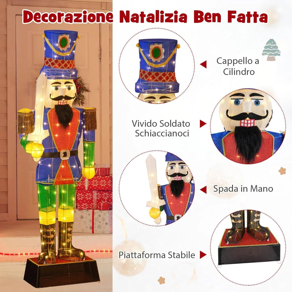 Soldato di Natale Illuminato 184 cm, Soldatino Schiaccianoci Illuminato con 110 Luci LED, Fascette e Base, Decorazioni Natalizie per Interno ed Esterno (1 Pezzi)