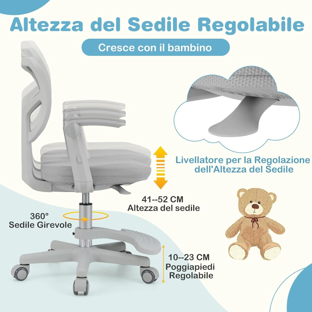 Sedia da Scrivania Bambini Girevole, Altezza Regolabile, Sedia da Studio per Ragazzi con Braccioli a Ribalta e Poggiapiedi, Poltrocina in Rete per Bambini 3-15 Anni, Portata 150 kg (Grigio)