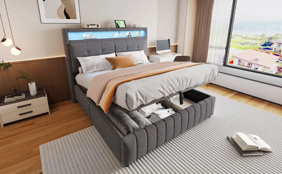 DESMIU Lit coffre 160 × 200 cm 2 posti con LED, USB, vano idraulico, senza materasso, in lino grigio