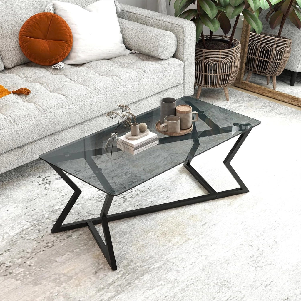 Tavolino da Salotto in Vetro, Tavolino da Caffè Rettangolare con Piano in Vetro Temperato e Struttura Geometrica in Metallo, Tavolo Basso Moderno per Soggiorno, Ufficio e Studio