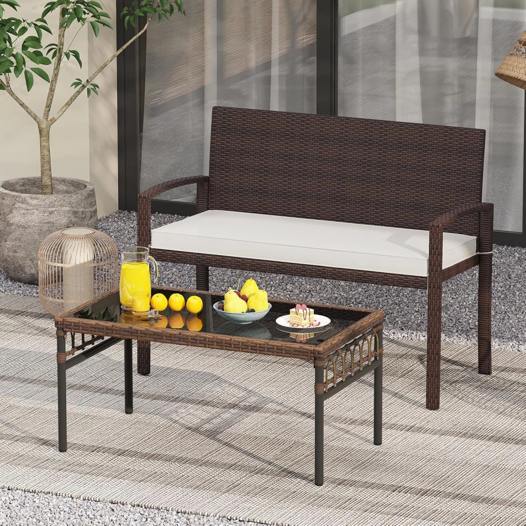 Panca da Giardino 2 Persone in Rattan, Panca da Esterno con Cuscino di Seduta Rimovibile, Struttura in Metallo, Carico 360 kg, Schienale e Braccioli, per Veranda, Giardino, Balcone, Terrazza