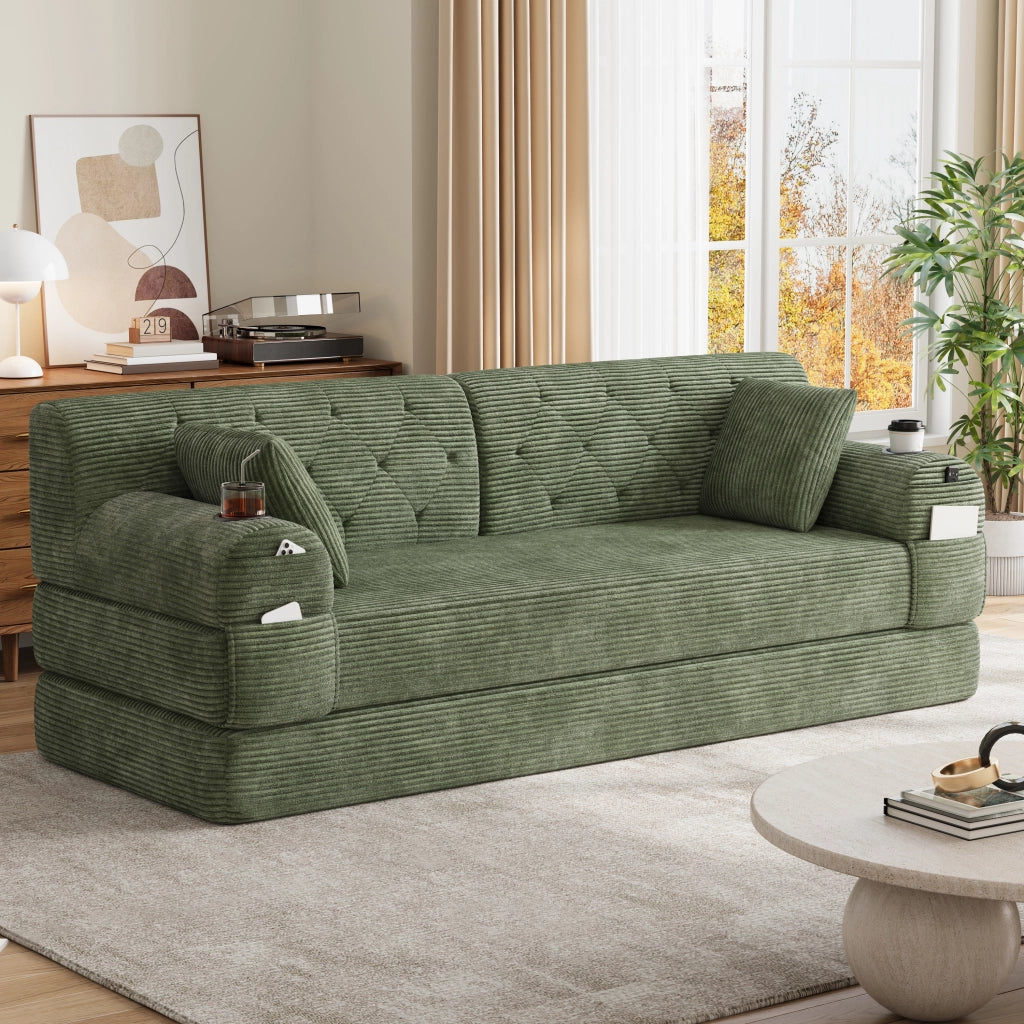 Divano letto a 3 posti in velluto a coste con schienale alto e 4 tasche laterali verde 208 × 80 × 81 cm