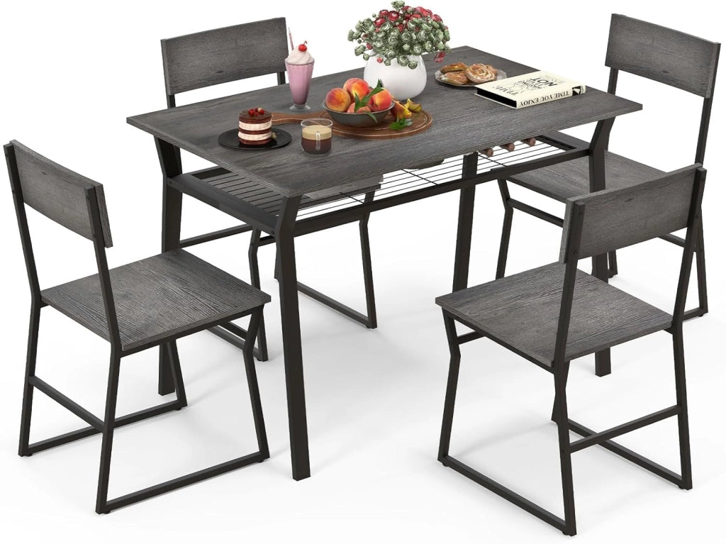 Set da Tavolo e Sedie da Pranzo, Tavolo da Pranzo con 4 Sedie Industriale, Set 5 Pezzi Mobili con Mensola Portaoggetti e Telaio in Metallo, per Cucina Sala da Pranzo, 110 x 70 cm (Marrone)