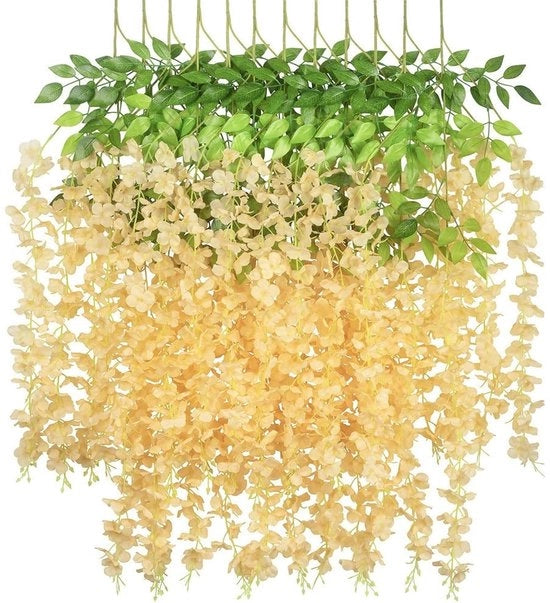 12 pezzi di fiori pendenti blu, imitazione di vite da parete, catena pendente, fiori di seta (matrimonio, festa, giardino, decorazione per esterno, champagne)