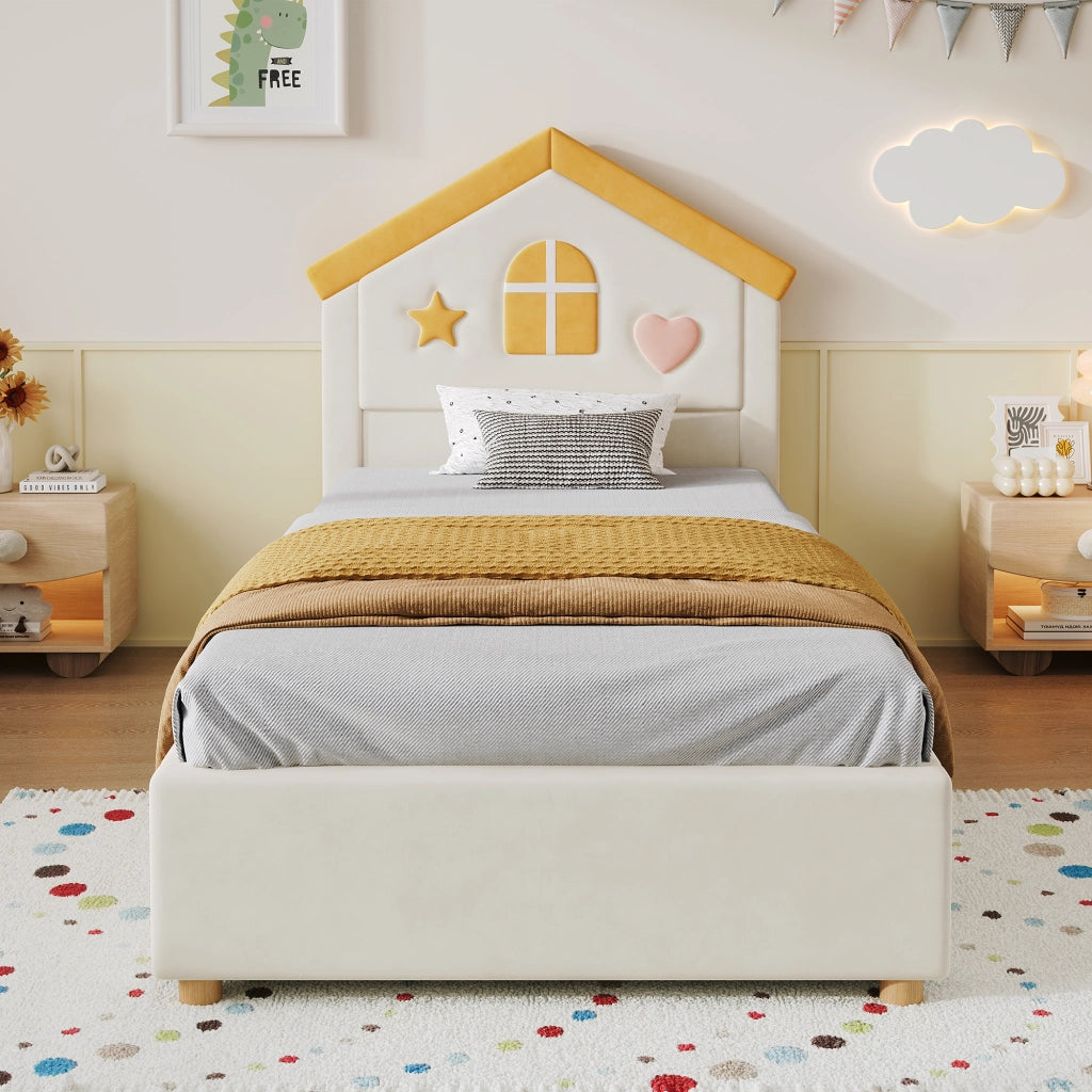 Letto per bambini 90 × 200 cm a casetta imbottito con 4 cassetti, senza materasso, in velluto, beige