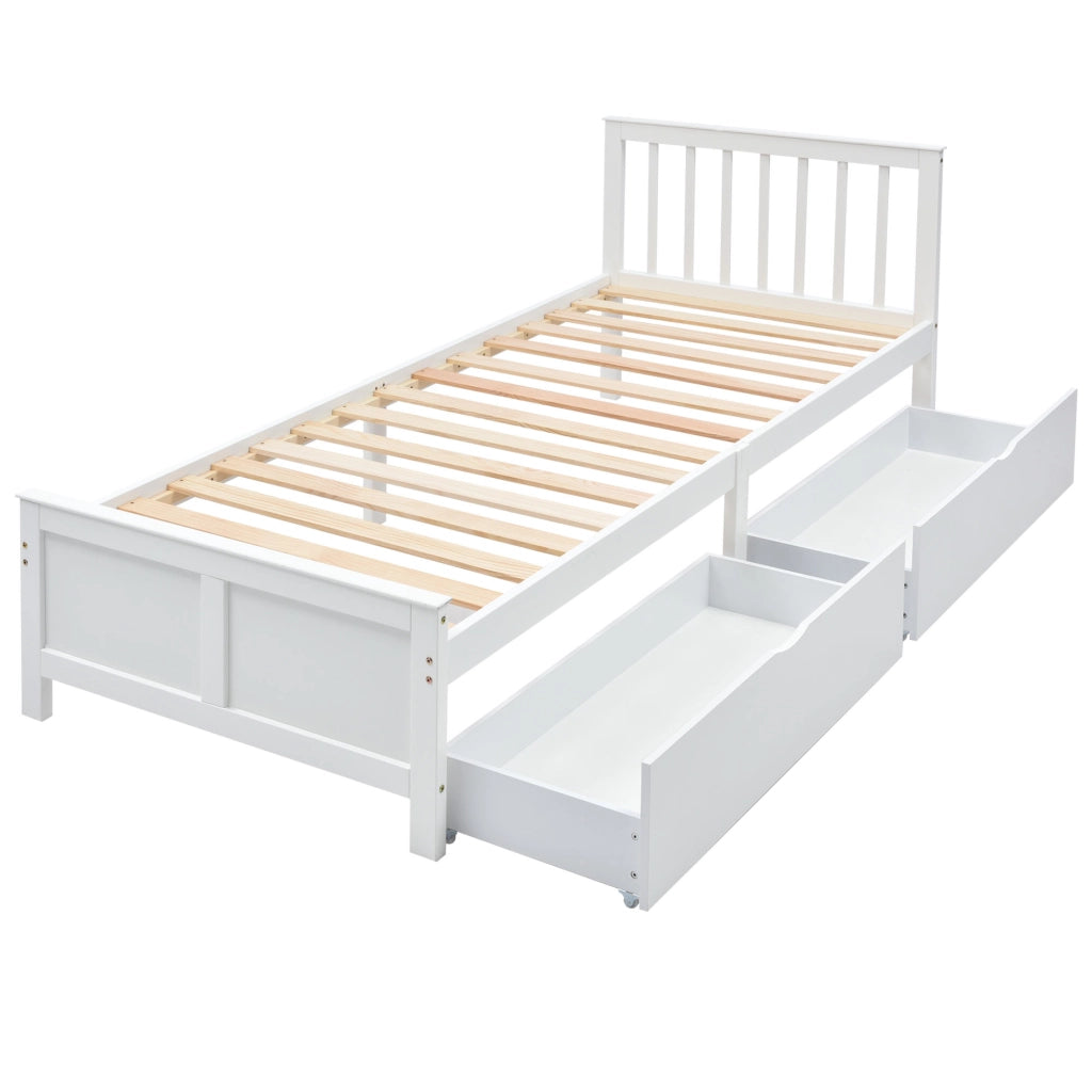 Letto con Cassetti 90x200 cm; Letto Singolo - 2 Cassetti - in Legno Massello - Bianco