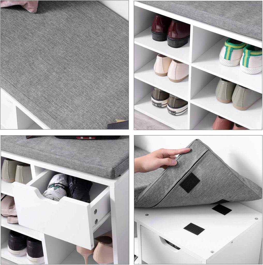 VASAGLE Panca Scarpiera, Panca Contenitore con Cassetto e Scomparti Aperti, Scaffale Portascarpe, Seduta Imbottita, Ingresso Camera da Letto, 30 x 104 x 48 cm, Bianco e Grigio LHS24WT