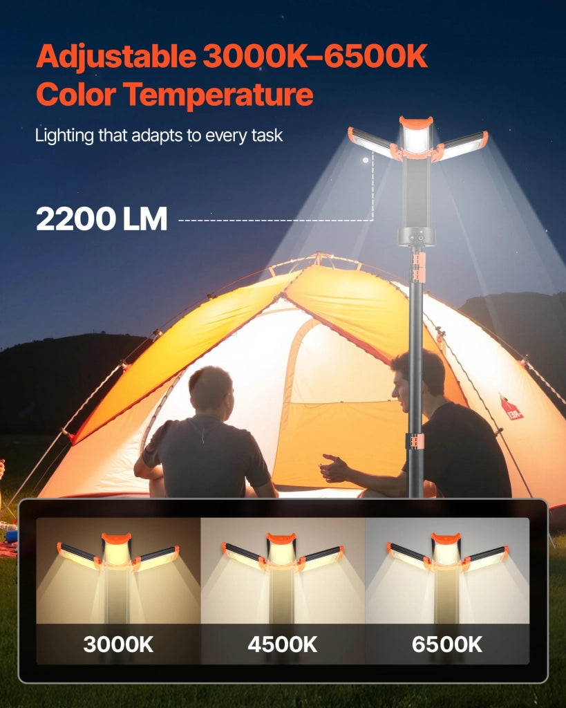 Lampada da Lavoro LED Ricaricabile 10 Ah 20W 2200lm con Treppiede Staccabile a 3 Teste Dimmerabile per Cantieri e Fai da Te