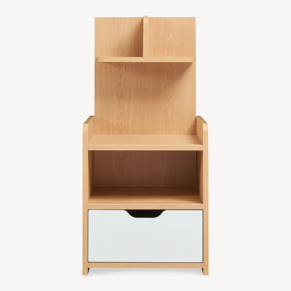 Comodino Bordkak con Cassetto Scomparto Aperto e 2 Ripiani 75 x 35 x 30 cm - Effetto Rovere / Bianco [en.casa]