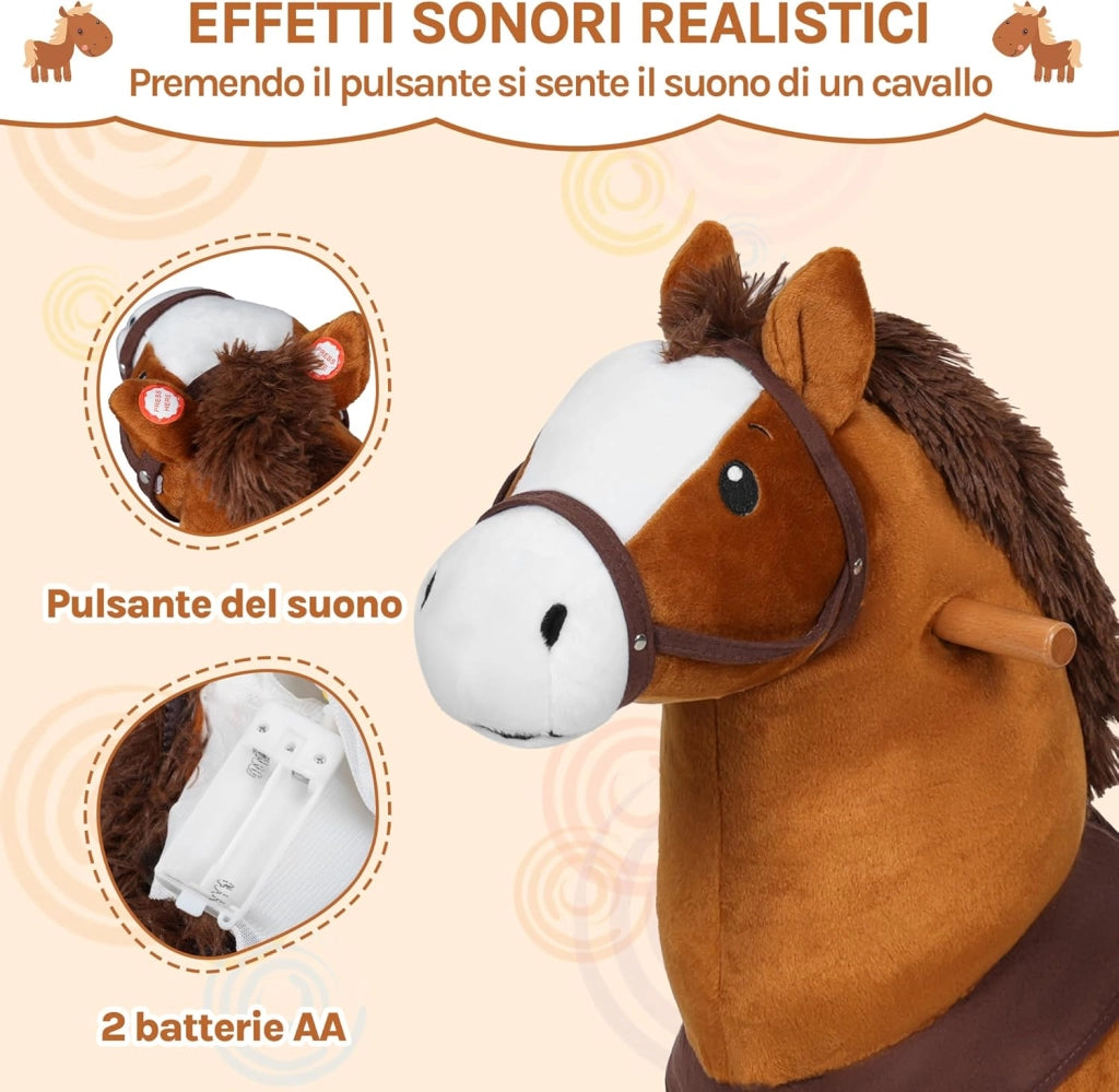 Cavallo a Dondolo su Ruote per Bambini, Cavalluccio Cavalcabile in Peluche con Suoni, per Interni ed Esterni, Giocattolo da 3 Anni, Struttura in Legno e Metallo, Marrone
