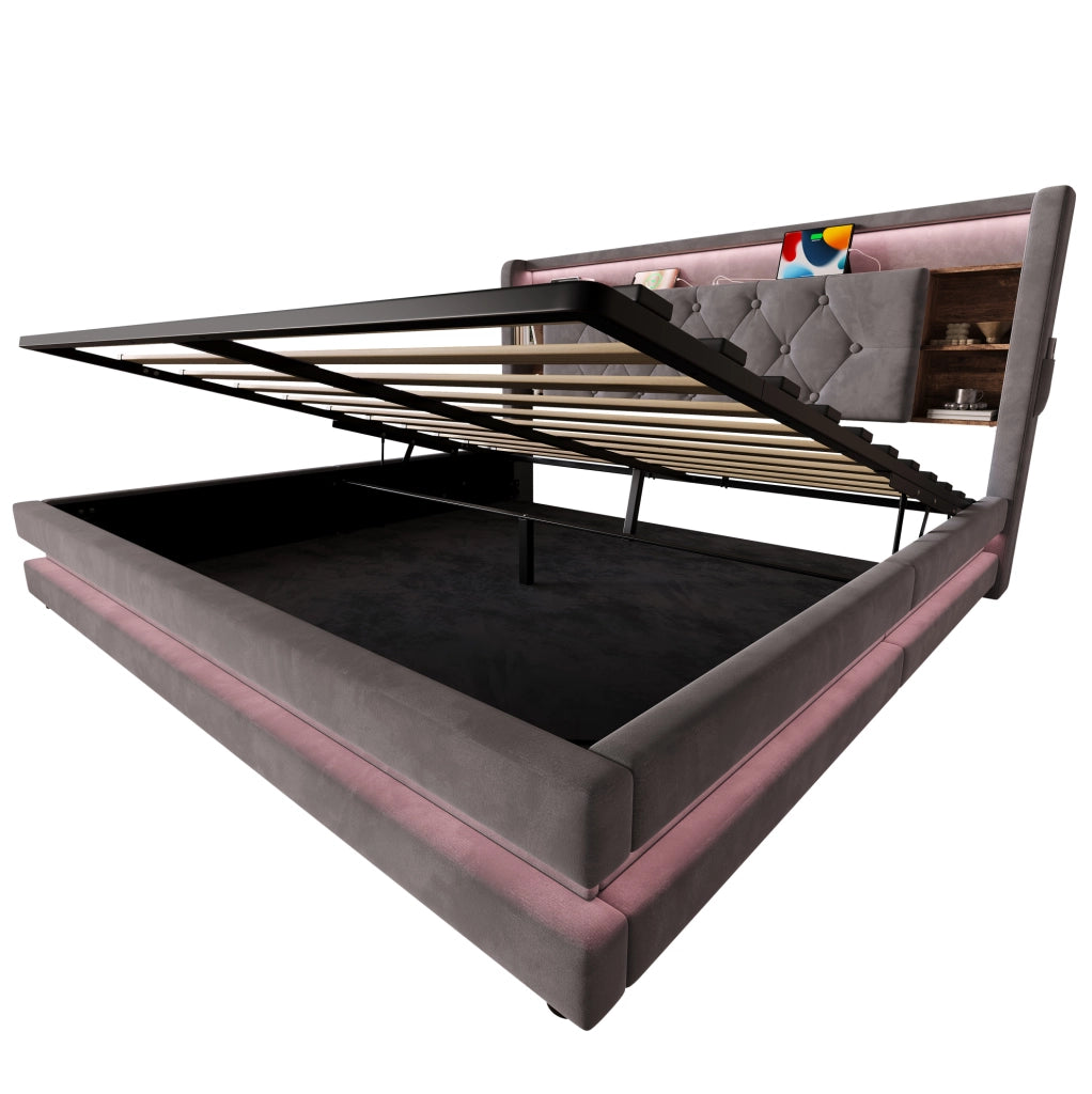 Letto imbottito 160x200 cm con contenitore, LED e USB, grigio scuro