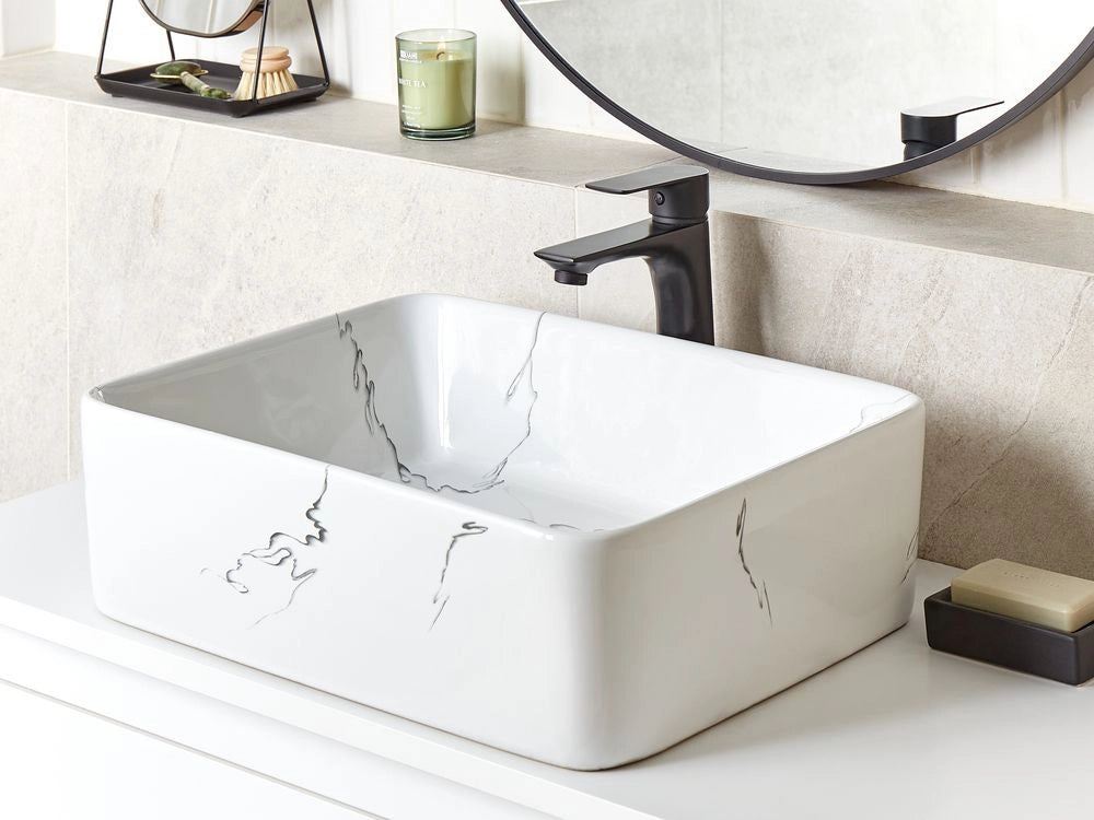 Lavabo da appoggio in ceramica bianca effetto marmo 490 x 380 mm Lavabo da bagno rettangolare stile Glam