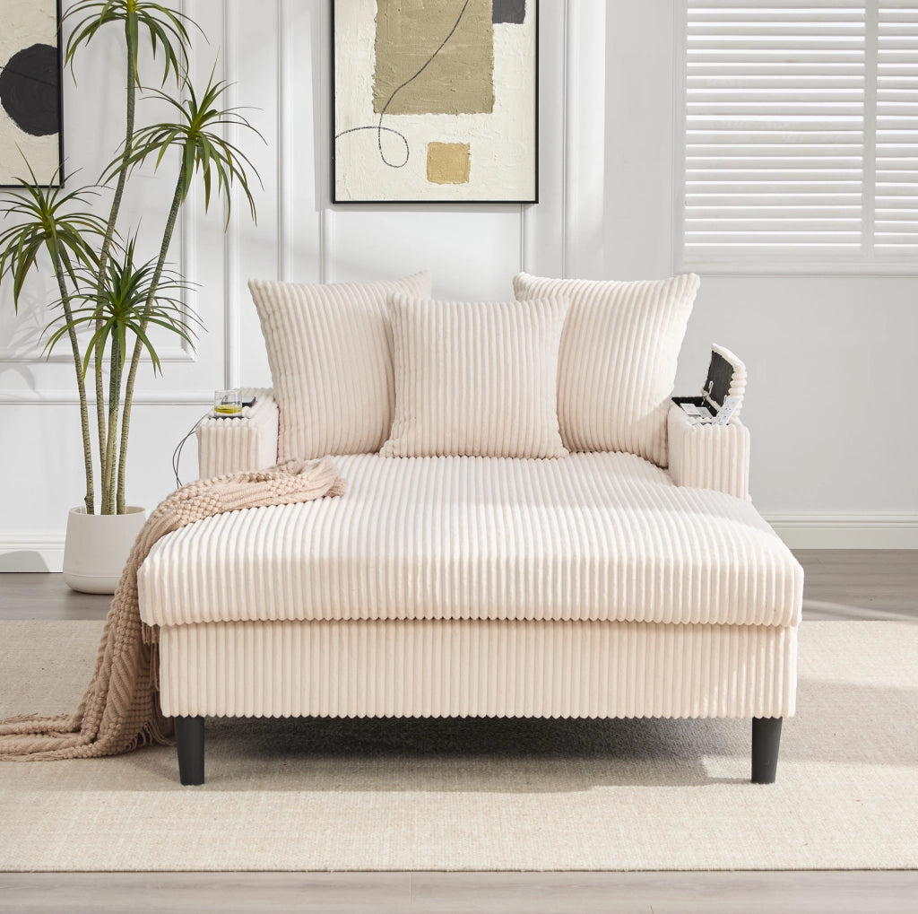 Chaise longue 170x129x70 cm in velluto a coste beige con LED， USB e vano