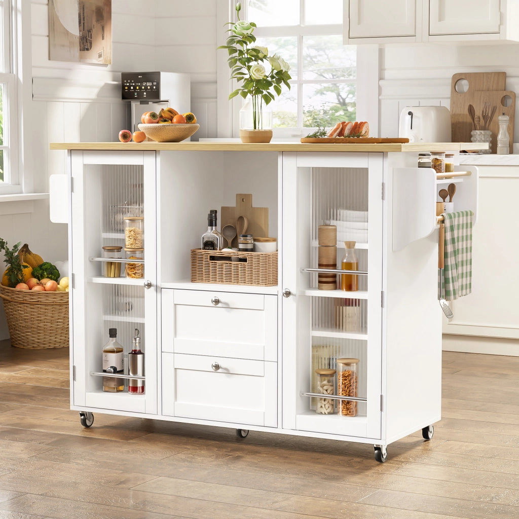 Isola Cucina su Ruote con Piano Ribaltabile ¨C MINIMAL ¨C 2 Cassetti, Portaspezie, 120x45x92 cm