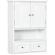kleankin Armadietto Pensile Bagno a 2 Ante con Ripiano Aperto e 2 Cassetti in Legno, Bianco
