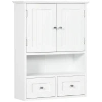 kleankin Armadietto Pensile Bagno a 2 Ante con Ripiano Aperto e 2 Cassetti in Legno, Bianco