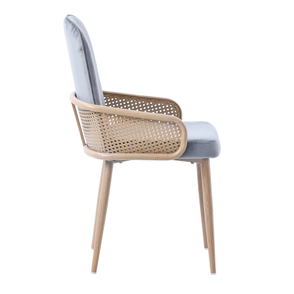 2 Sedie da Pranzo con Schienale Effetto Rattan; Gambe in Metallo e Stile Naturale; Velluto; Grigio