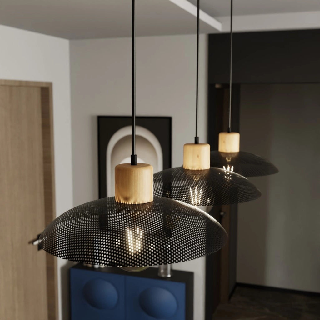 Lampada a sospensione Kobe in acciaio nero e legno