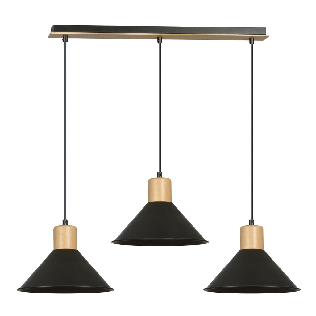 Sospensione Nordica 3 Luci Chandra In Acciaio Nero E Legno