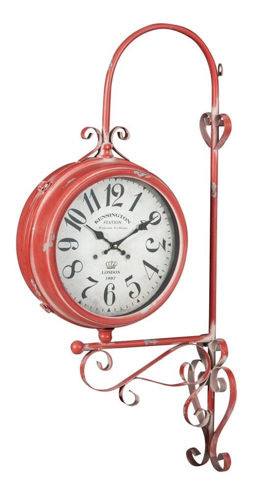 Biscottini Orologio bifacciale da parete tipo stazione in ferro finitura rosso anticato