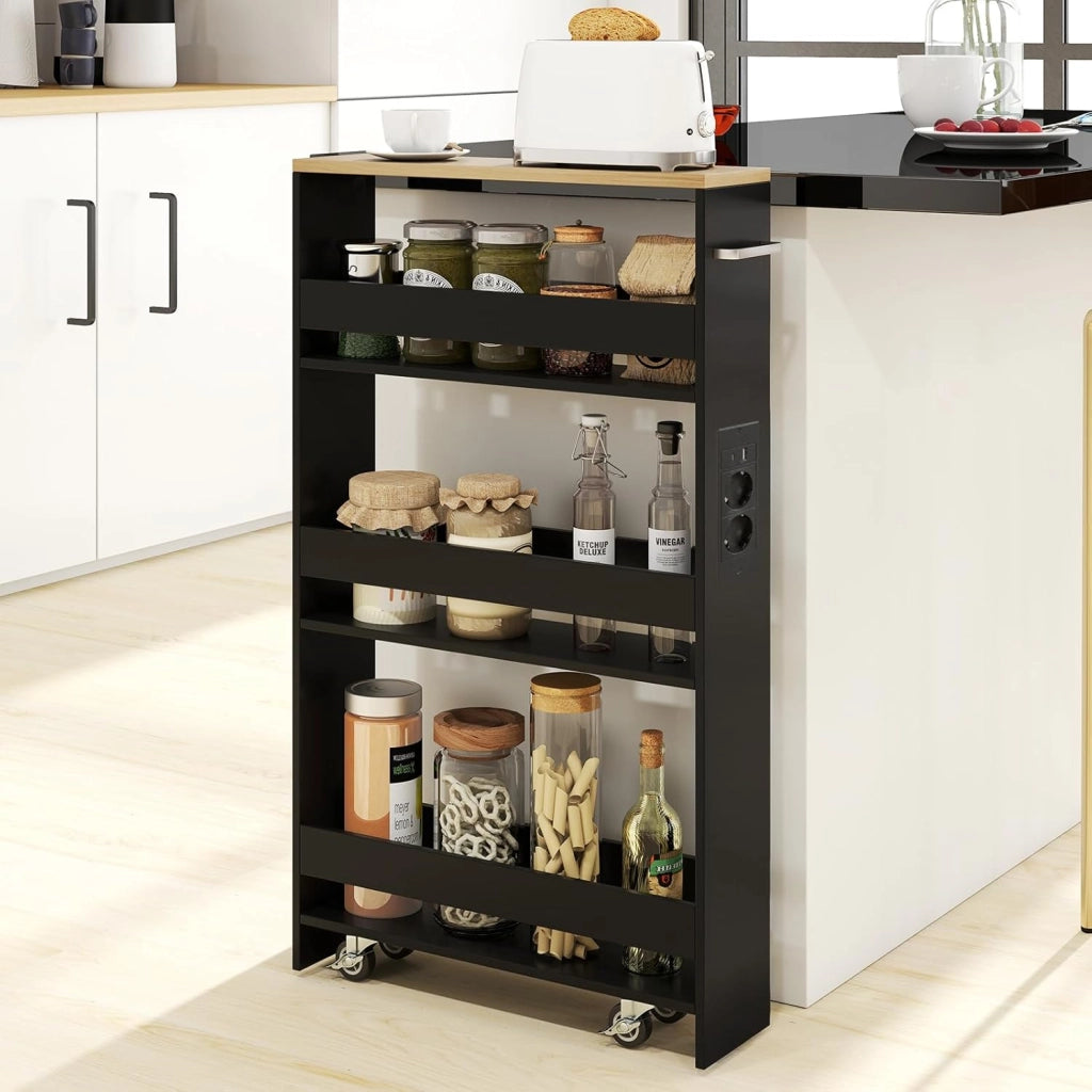 Scaffale per Nicchia da 20 cm di Larghezza, con Base di Ricarica, 4 Piani in Legno su Ruote, Scaffale Sottile per Cucina e Bagno, Carrello a Rotelle (Naturale+Nero, Largo 13 cm, con presa)