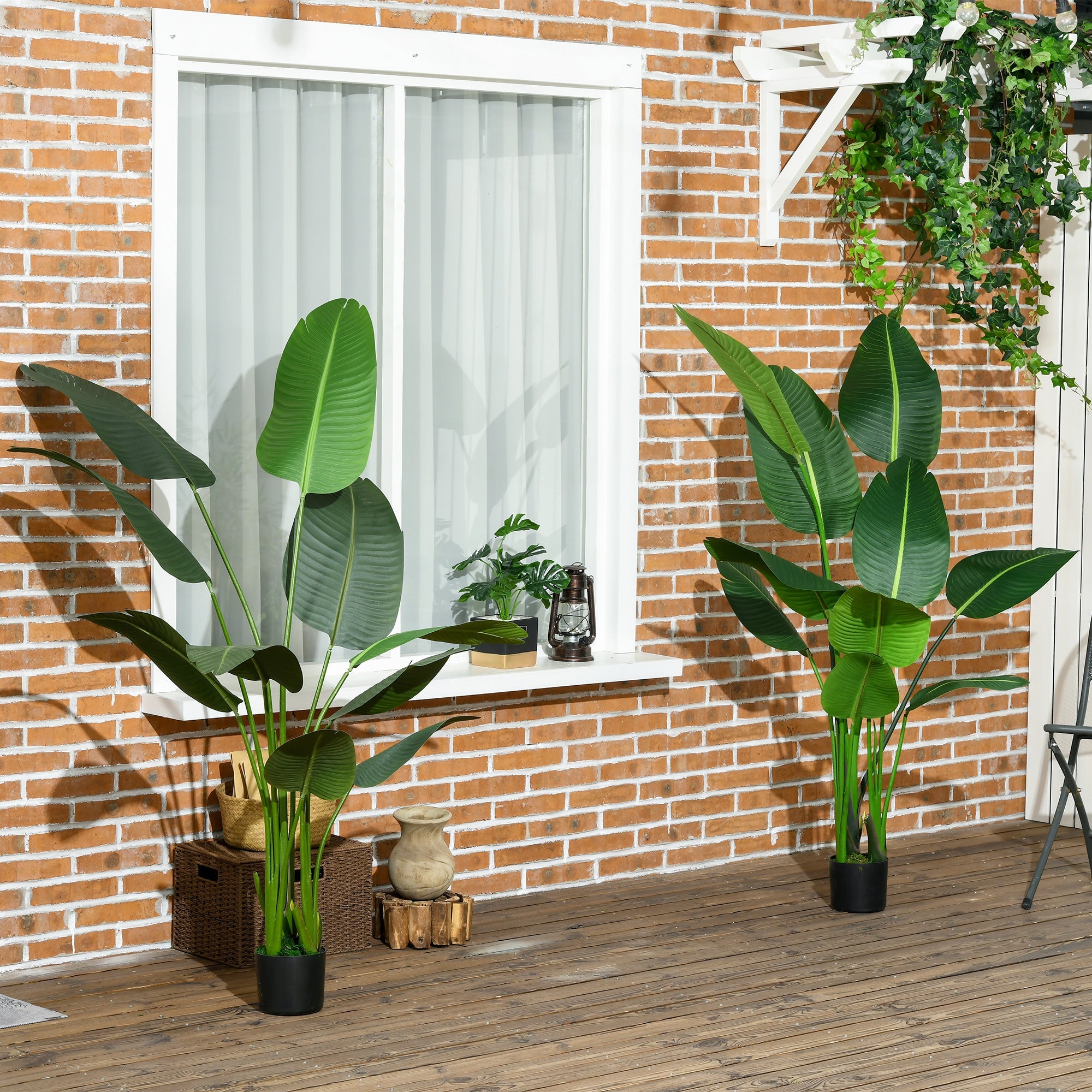 Set 2 Piante Artificiali Palma del Viaggiatore da Interno e Esterno H150 cm con Vaso Verde