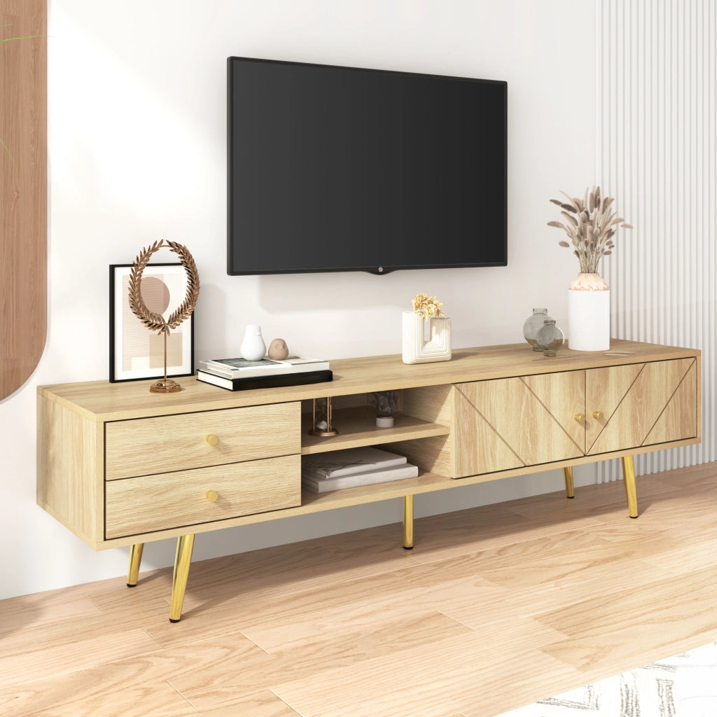 Mobile TV da 160 cm con piedini dorati, due cassetti e ante dal design unico.