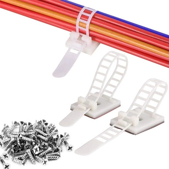 Cablettes autoadesive - Cuffie per cavi adattabili in nylon - Cuffie per cavi per TV, PC, Laptop - per uso domestico e ufficio - Bianche con viti - 50 pezzi