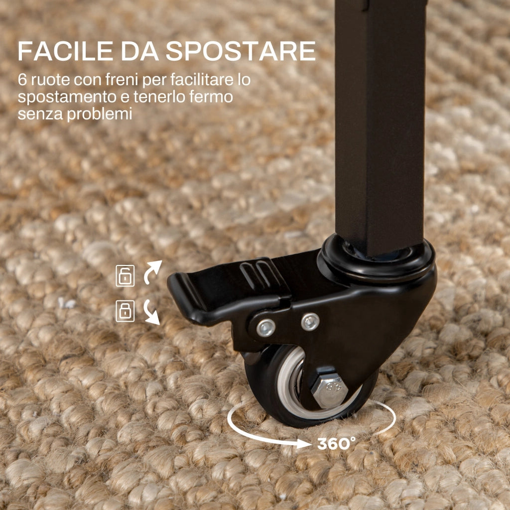 Tavolo Pieghevole 6 Ruote e Mensola 130x80x74 cm in Legno e Metallo Marrone Rustico