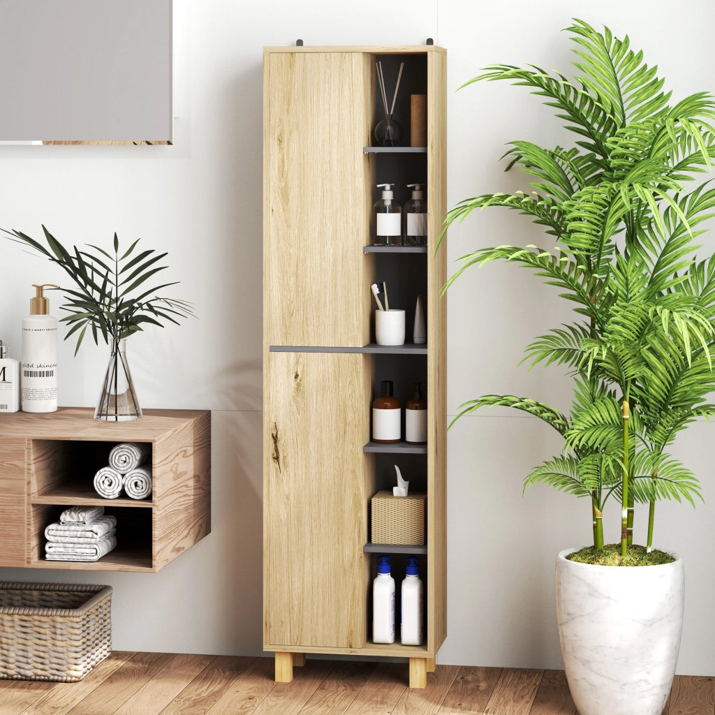 Armadio colonna bagno con 6 ripiani aperti e 2 ante ¨C zephmum ¨C legno naturale