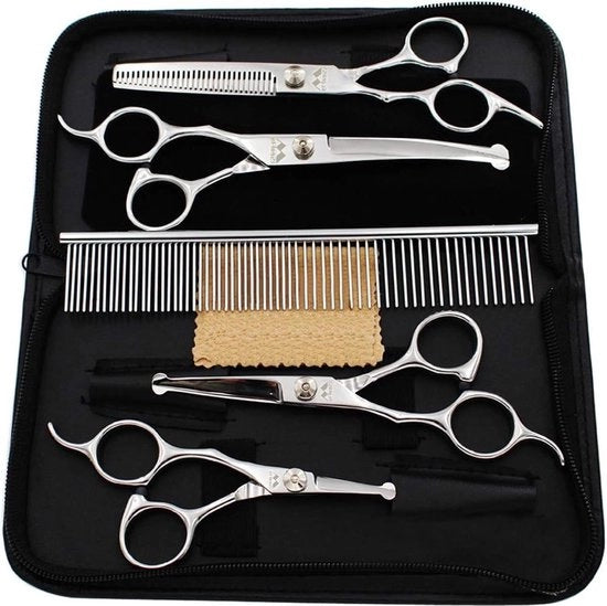 Set di cura per cani e gatti - set di 5 forbici per cani e gatti - forbici in acciaio inossidabile per corpo intero, faccia, naso, orecchie - argento.