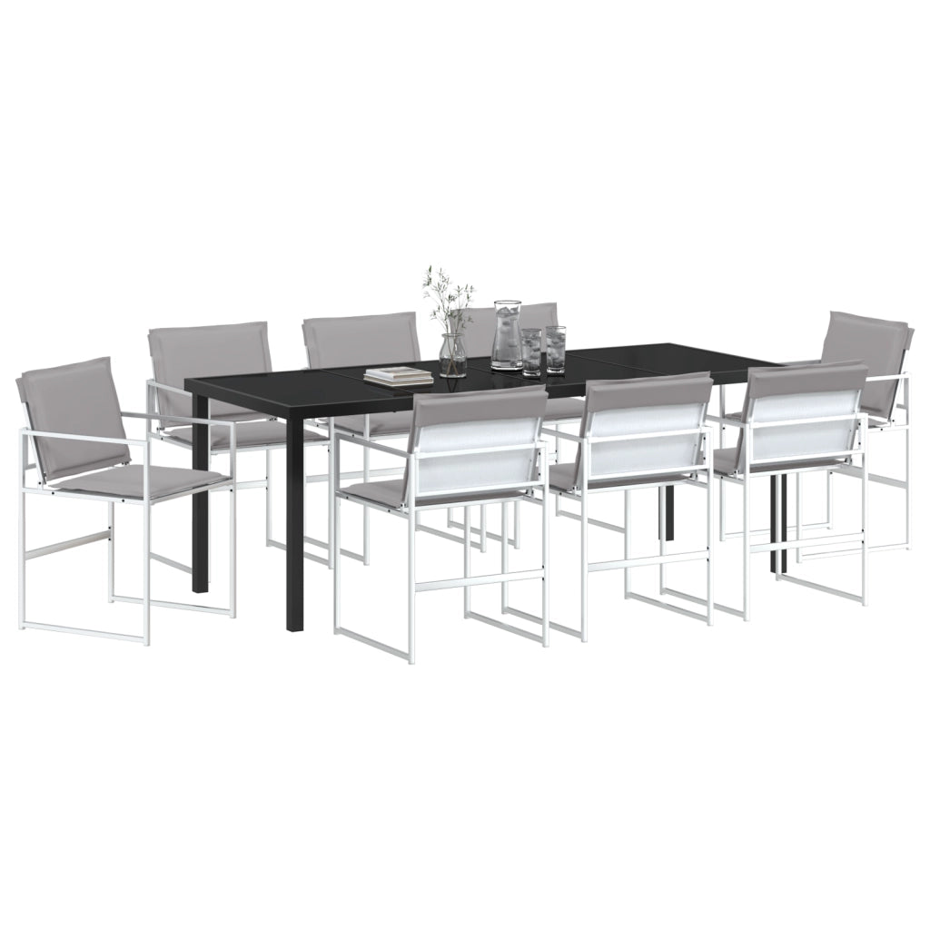 Set da Pranzo da Giardino 9 Pezzi con Cuscini Bianchi in Textilene e Acciaio