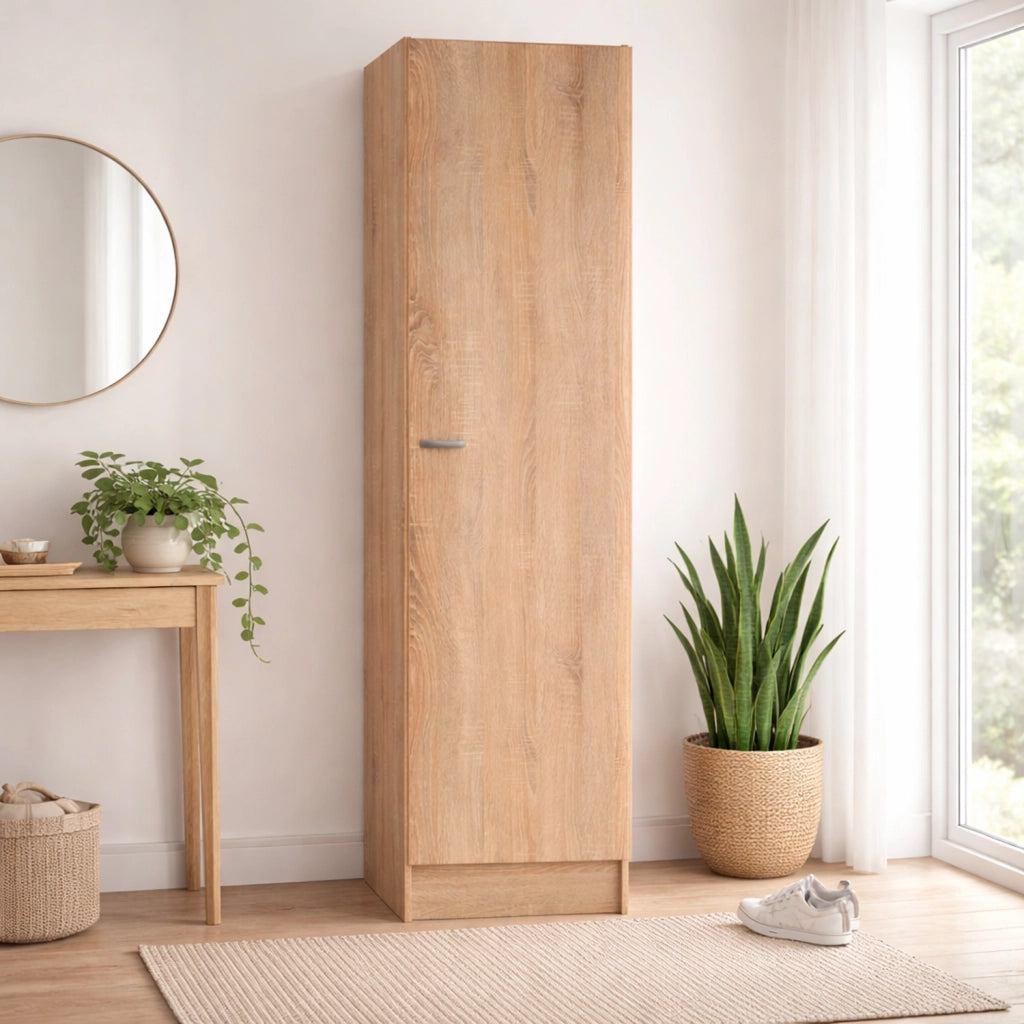 Colonna Bagno Armadio Alto 1 Anta Salvaspazio Con 4 Ripiani Regolabili Mobile Moderno Per Ingresso Corridoio Ripostiglio Maniglia In Metallo Argentata 200 X 47.1 X 49.2 Cm Rovere
