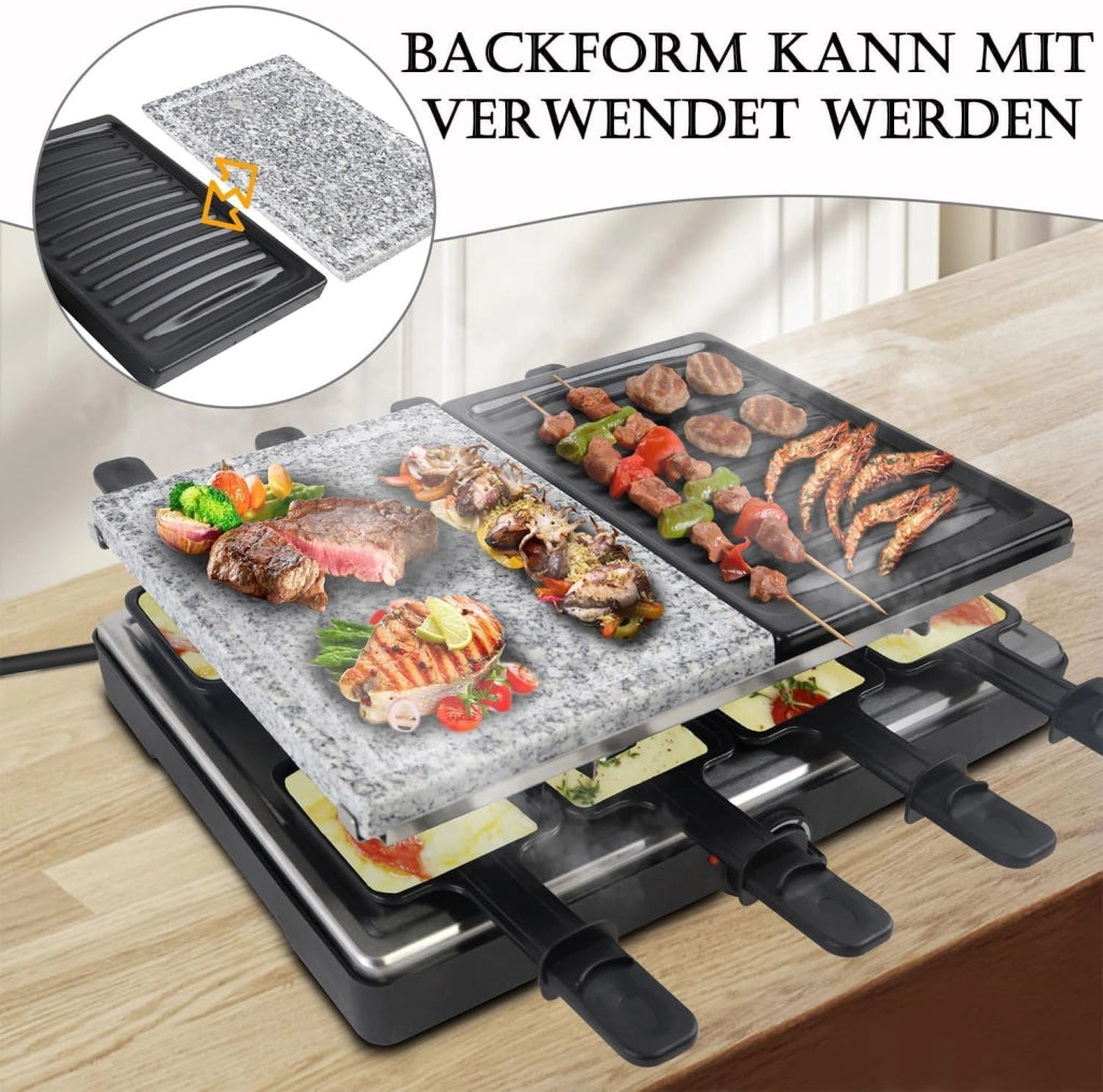 Raclette Grill per 8 persone, 1400 W, con 2 piastre in granito e 2 piastre antiaderenti, regolabile, moderno, acciaio inossidabile