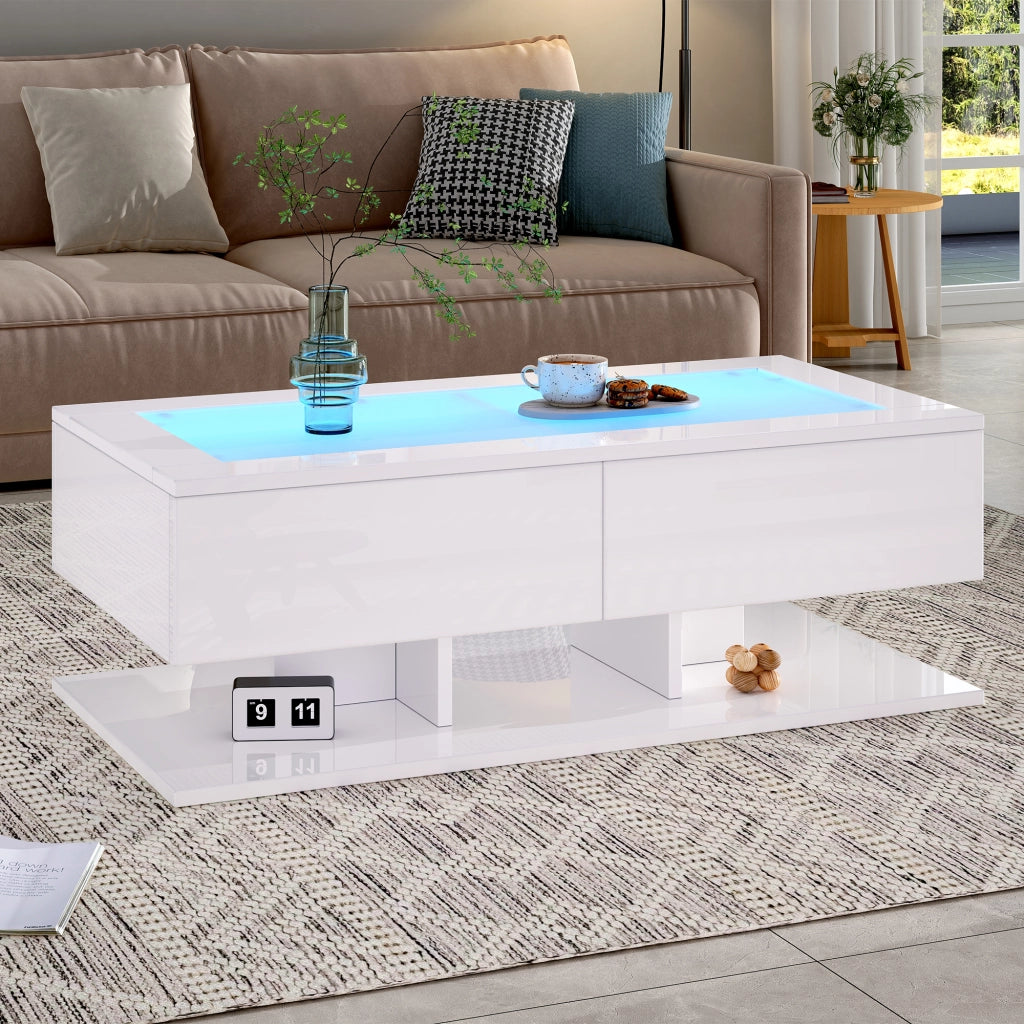 TAVOLINO DA SALOTTO 100x50x35 cm Bianco lucido con 2 cassetti e piano in vetro