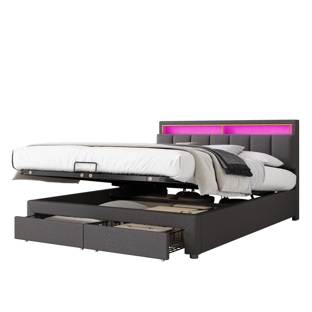 Letto matrimoniale 180x200 con contenitore; LED e rivestimento in lino grigio