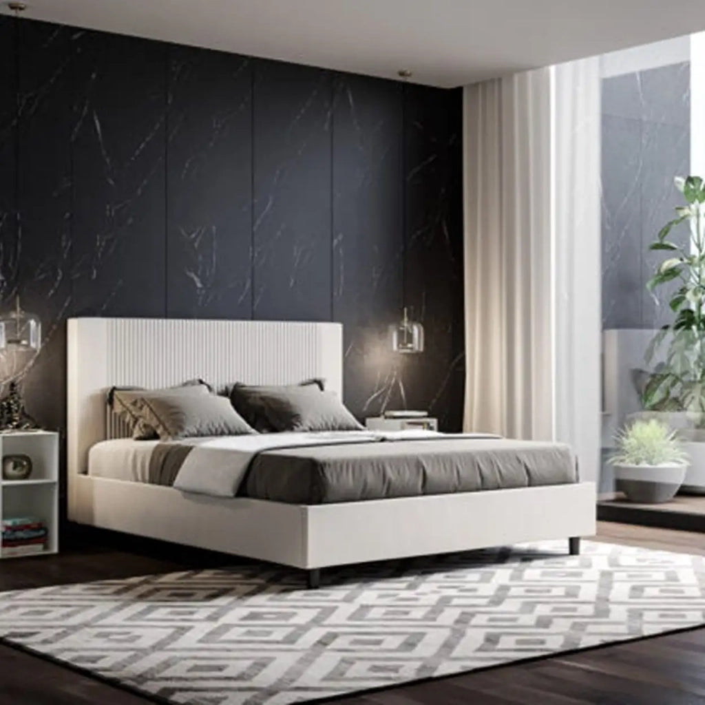 Letto matrimoniale con rete imbottito 160x200 similpelle bianco Goya