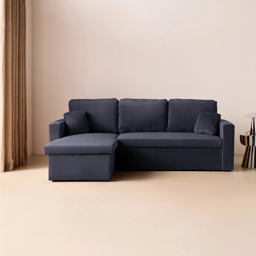 Divano letto angolare reversibile in velluto a coste, 3 posti, blu